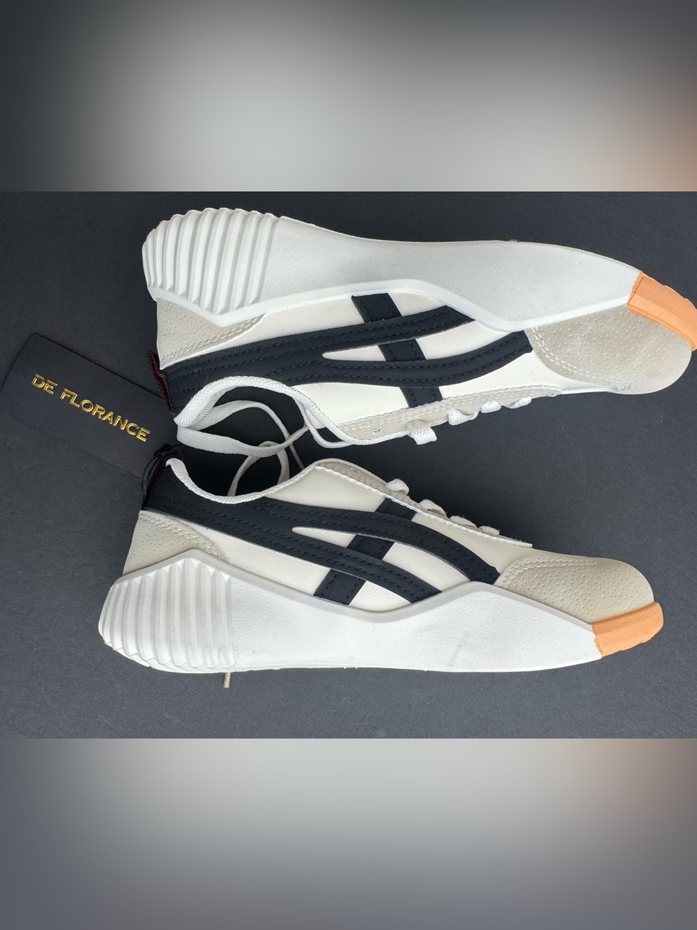 De Florance White Sneakers with Black Stripes and Orange Toe
